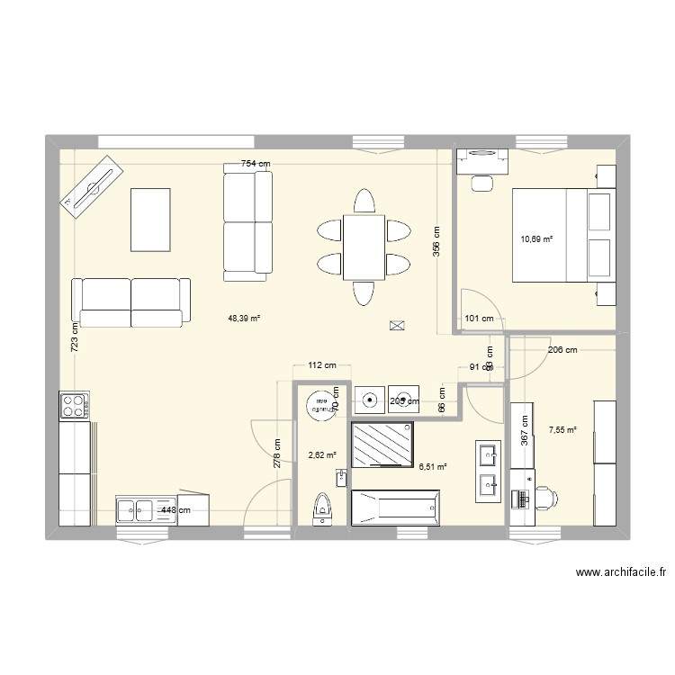 Plein pied 77m². Plan de 5 pièces et 76 m2