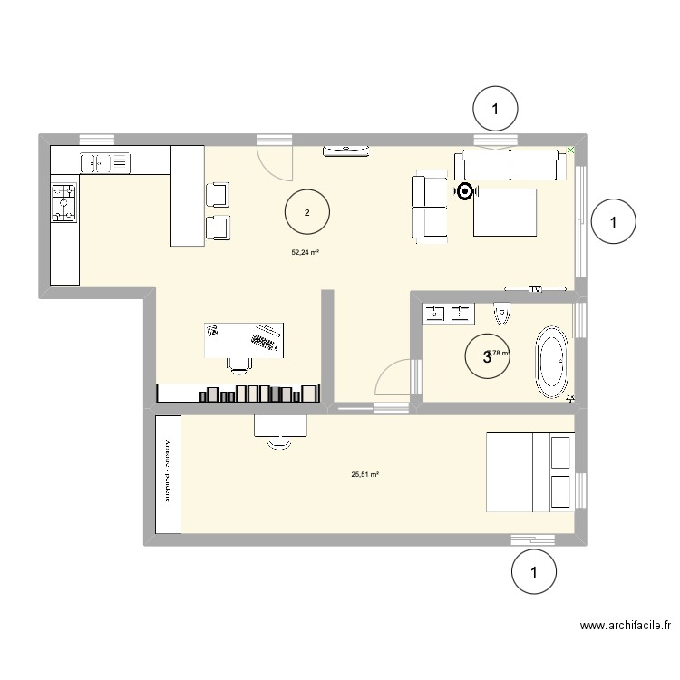 TL21018. Plan de 3 pièces et 86 m2