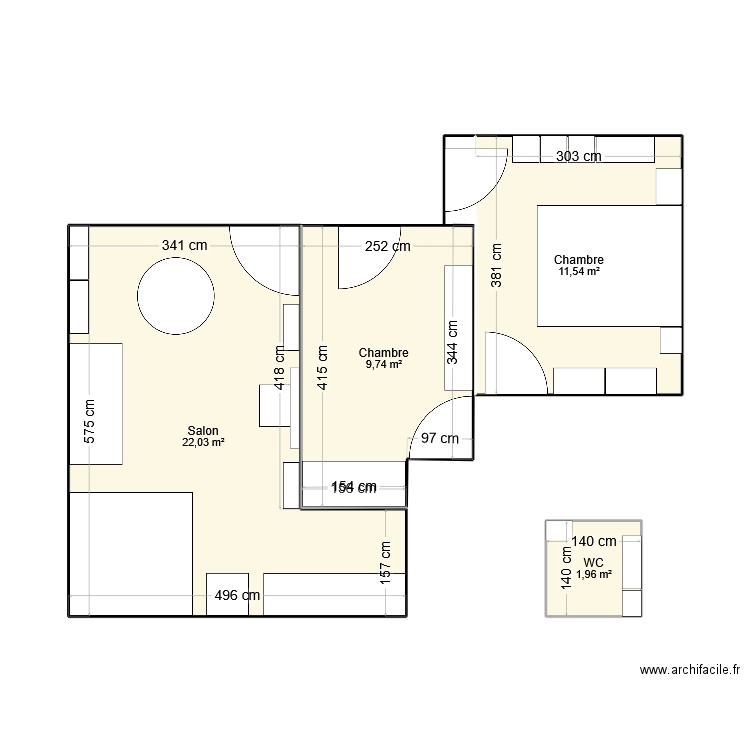 salon. Plan de 4 pièces et 45 m2