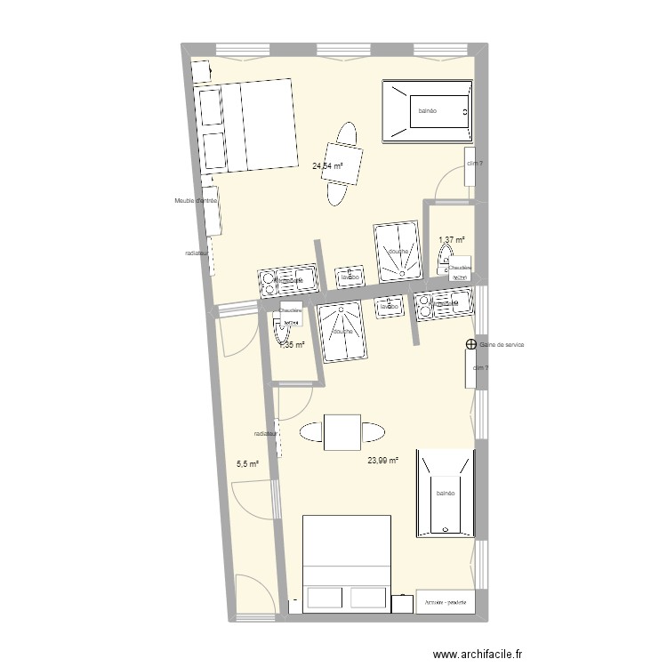 plan coté 2. Plan de 5 pièces et 57 m2