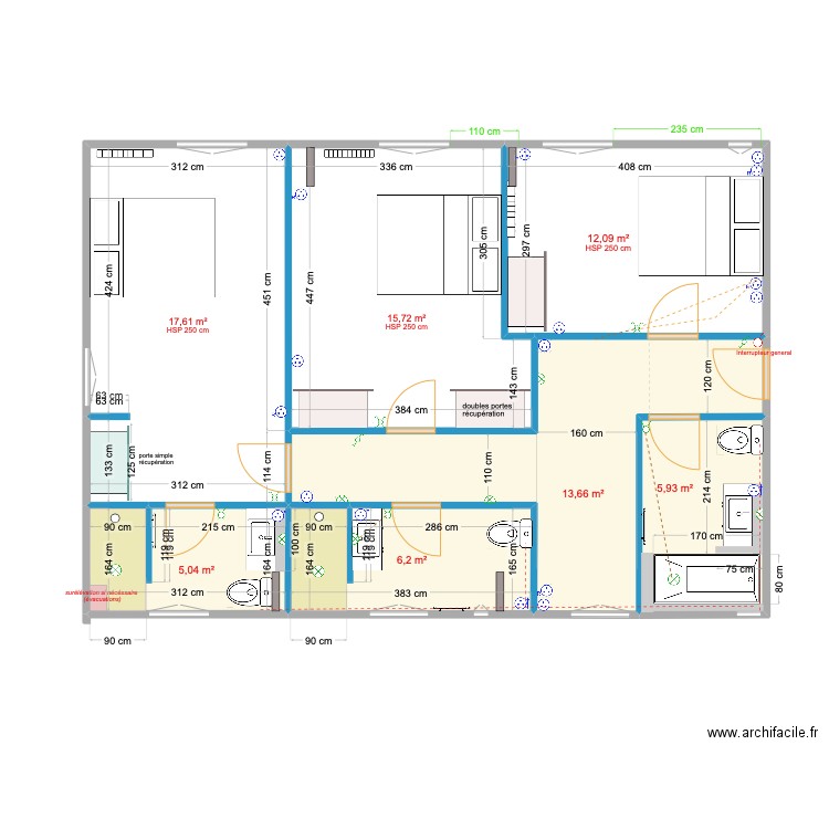 radiateurs gauche. Plan de 7 pièces et 76 m2