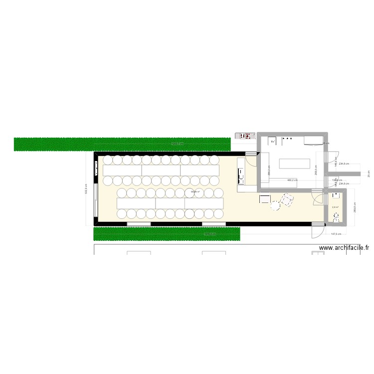 Salle banquet. Plan de 2 pièces et 69 m2