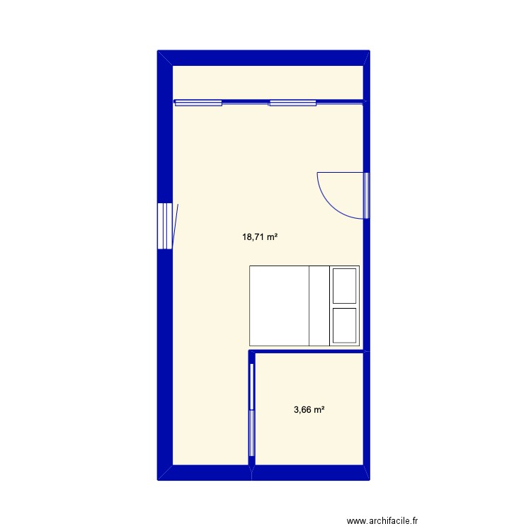 chambre. Plan de 2 pièces et 22 m2