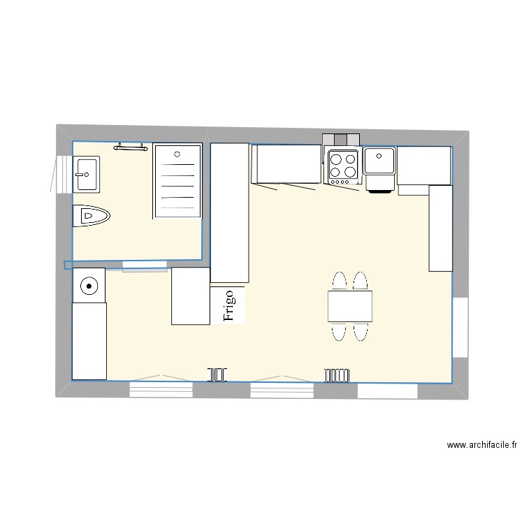 Cuisine et SDD. Plan de 1 pièce et 22 m2