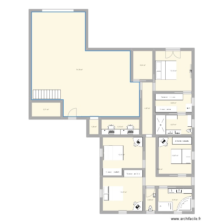 Plan maison V1. Plan de 15 pièces et 174 m2