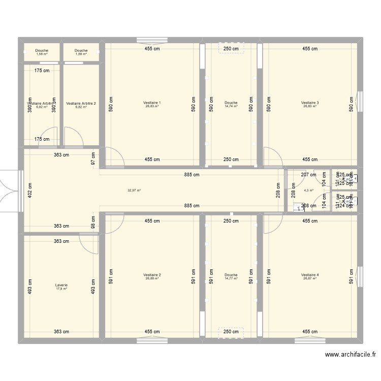 Vestiaire 1. Plan de 15 pièces et 211 m2