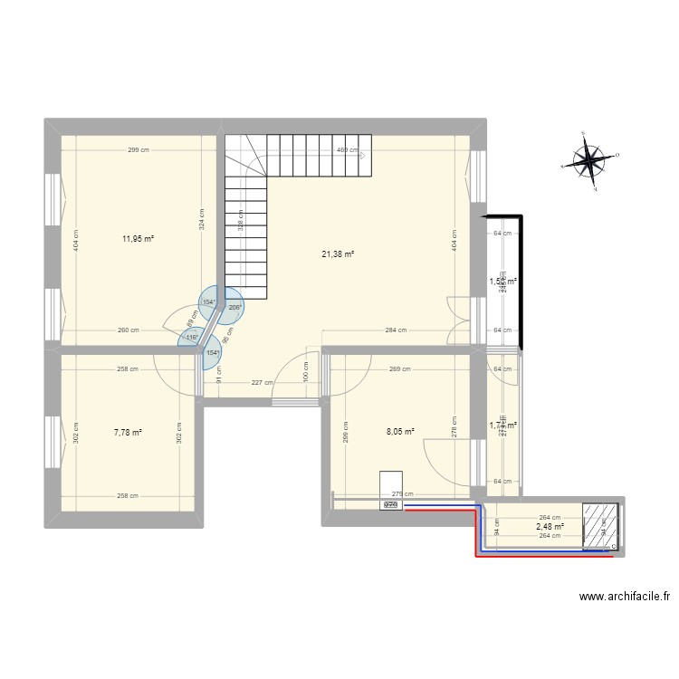 Étage 1 avec escalier. Plan de 7 pièces et 55 m2