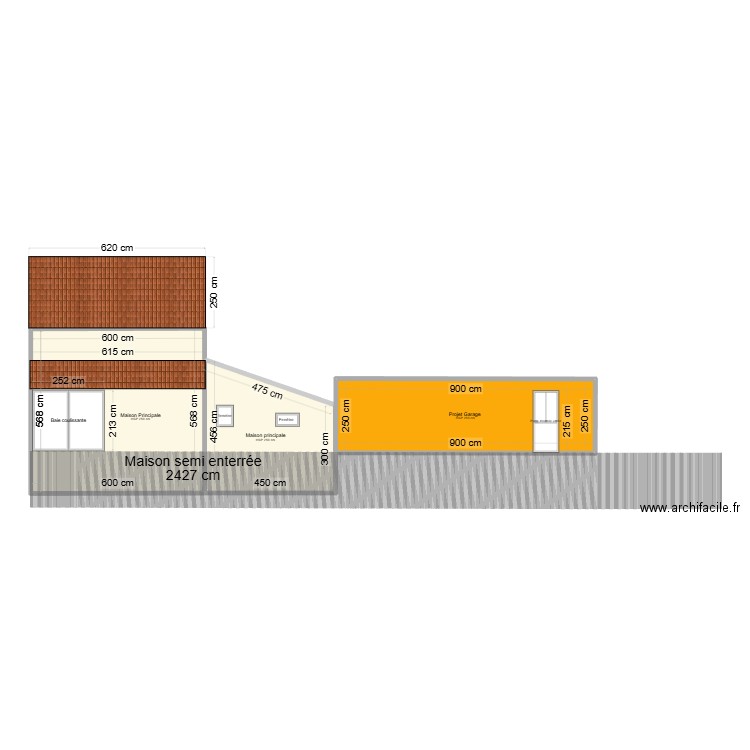 plan en coupe. Plan de 3 pièces et 74 m2