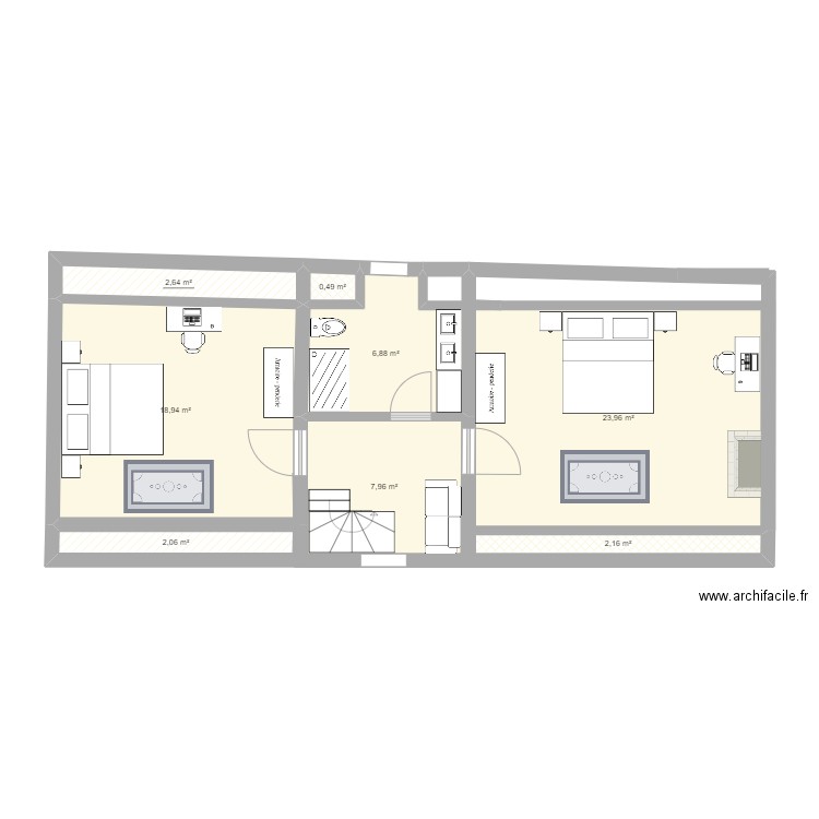 Maison sud étage partagé 111224. Plan de 8 pièces et 65 m2