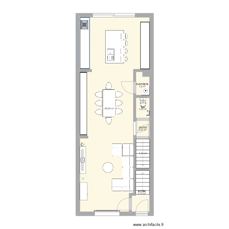 Rez de chaussée Courcelles . Plan de 6 pièces et 56 m2