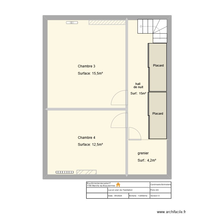 Plan Niveau +2: chambre 3 & 4 - grenier (nu). Plan de 4 pièces et 58 m2