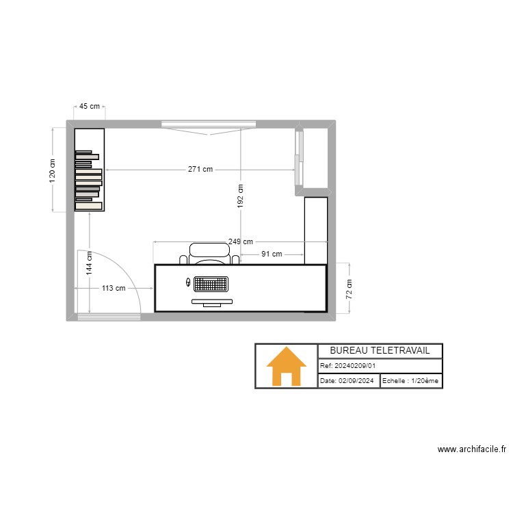 bureau teletrvail. Plan de 2 pièces et 9 m2