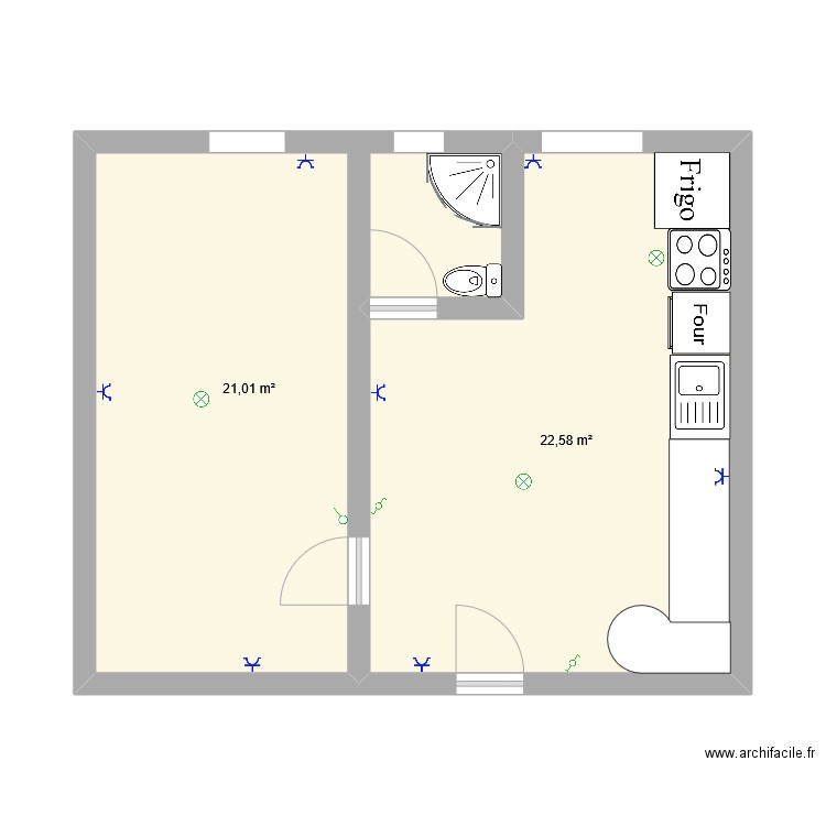 schéma architechtural T2 mathéo. Plan de 2 pièces et 44 m2