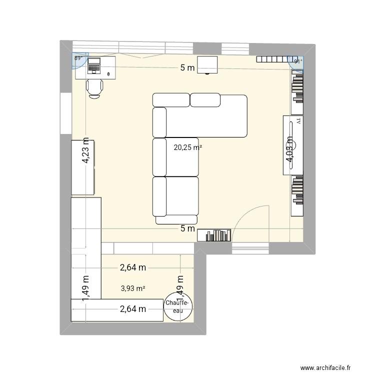 Salon. Plan de 2 pièces et 24 m2