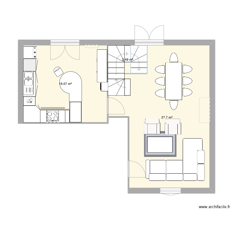 versio1 (cuisine à part). Plan de 3 pièces et 45 m2