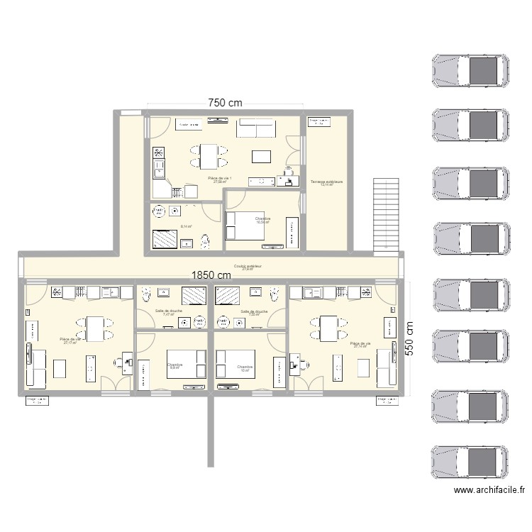 Immeuble 6 T1 plain pied. Plan de 25 pièces et 380 m2