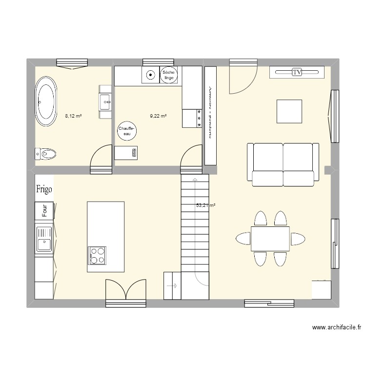 maison rdc. Plan de 3 pièces et 71 m2