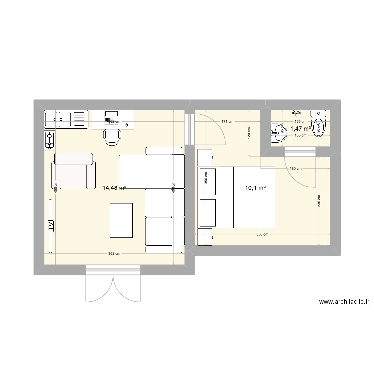 Chambre Salon Douche. Plan de 3 pièces et 26 m2