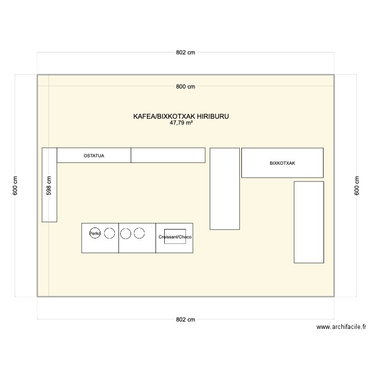 kafe bixkotx hiriburu. Plan de 1 pièce et 48 m2