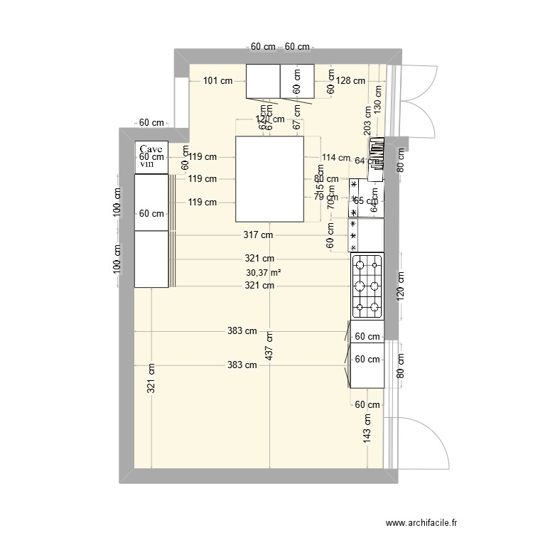 cuisine 2025. Plan de 1 pièce et 30 m2