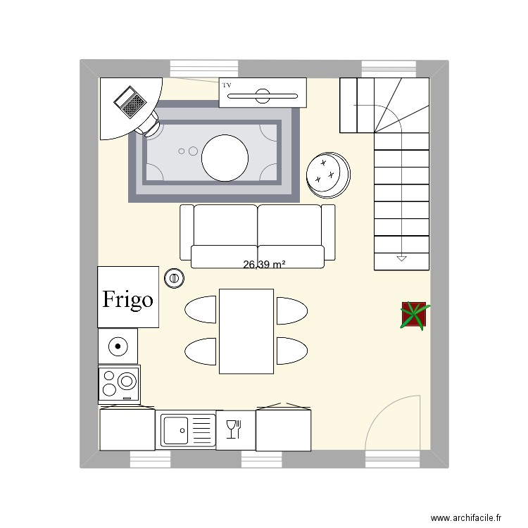 Réz de chaussée gauche . Plan de 1 pièce et 26 m2