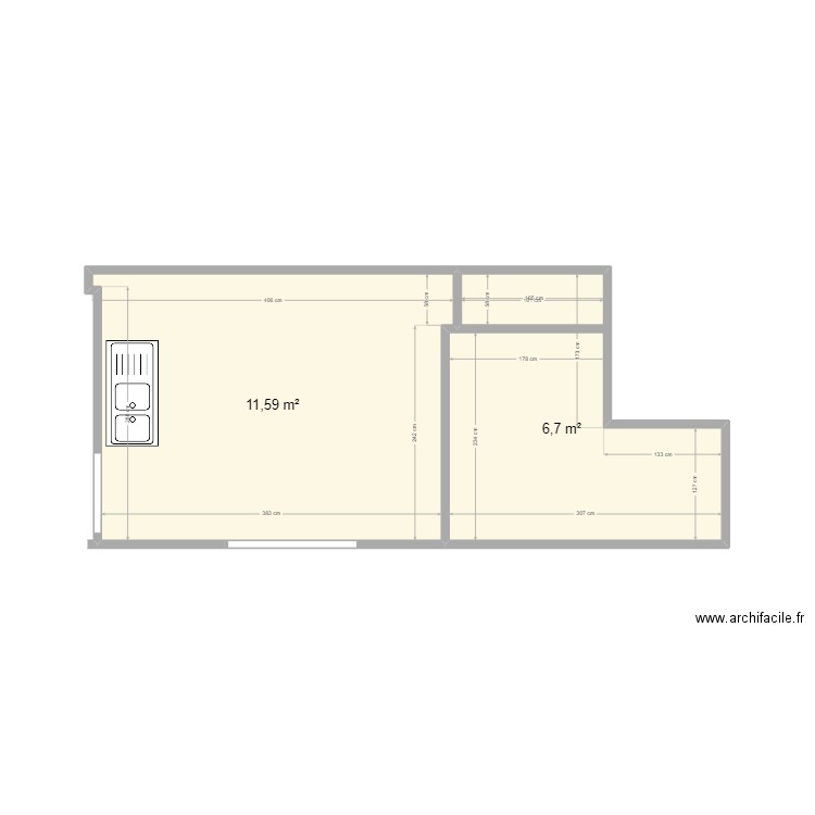 cuisine Vallauris. Plan de 2 pièces et 18 m2