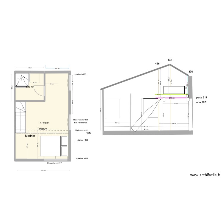 studio V2 Mezzanine plan hauteur. Plan de 2 pièces et 21 m2