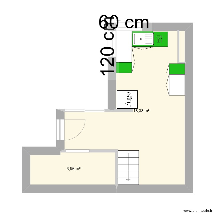 cuisine Marie. Plan de 2 pièces et 22 m2