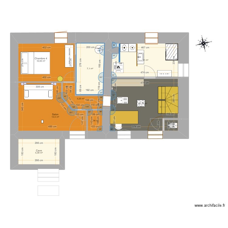 REZ DE CHAUSSEE . Plan de 9 pièces et 70 m2