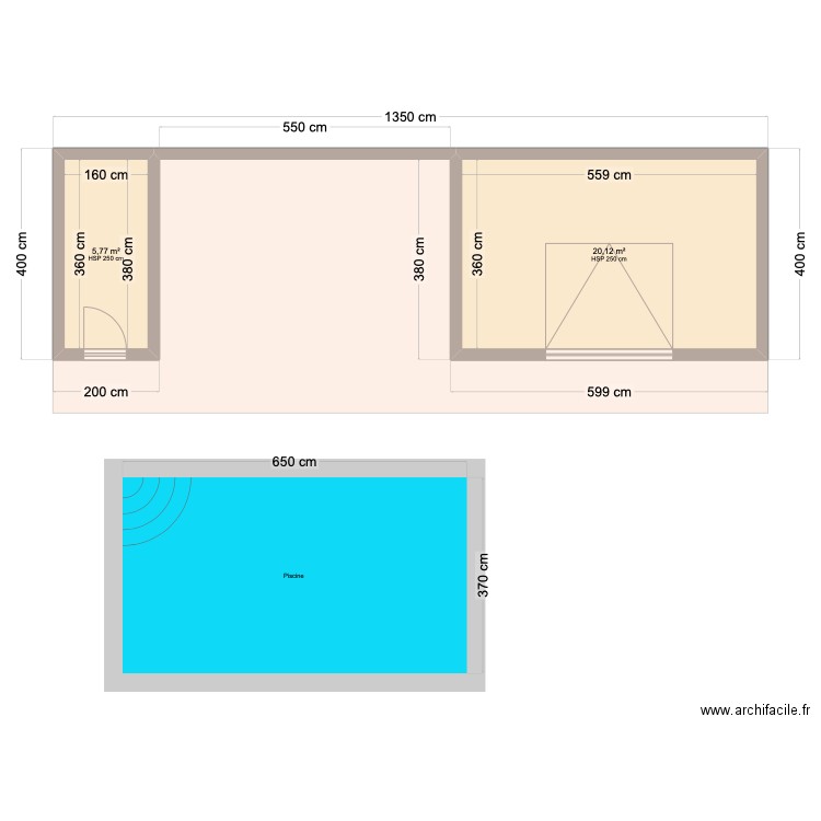 Piscine + Pool house. Plan de 2 pièces et 26 m2