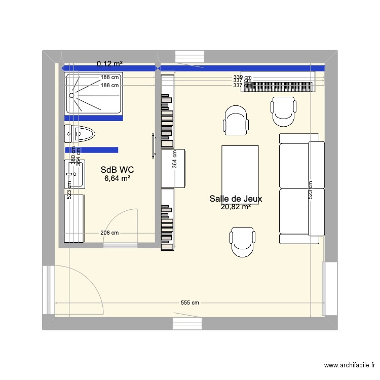 Sd-WC/SALLE de JEUX. Plan de 3 pièces et 28 m2