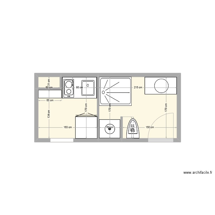 Cuisine/sdb 2. Plan de 3 pièces et 6 m2