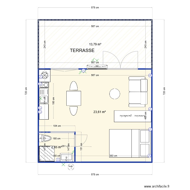 base studio sans carport . Plan de 3 pièces et 40 m2