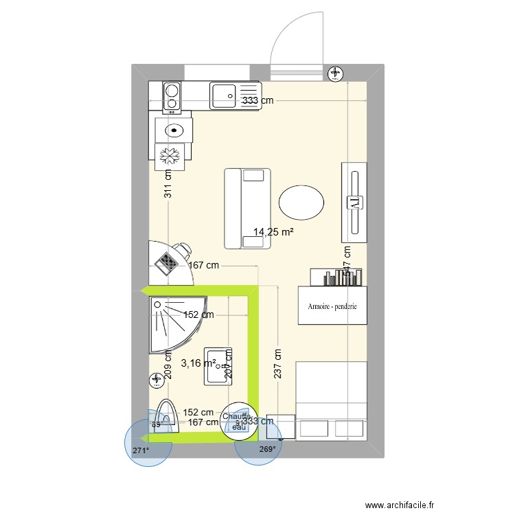 loc. Plan de 2 pièces et 17 m2