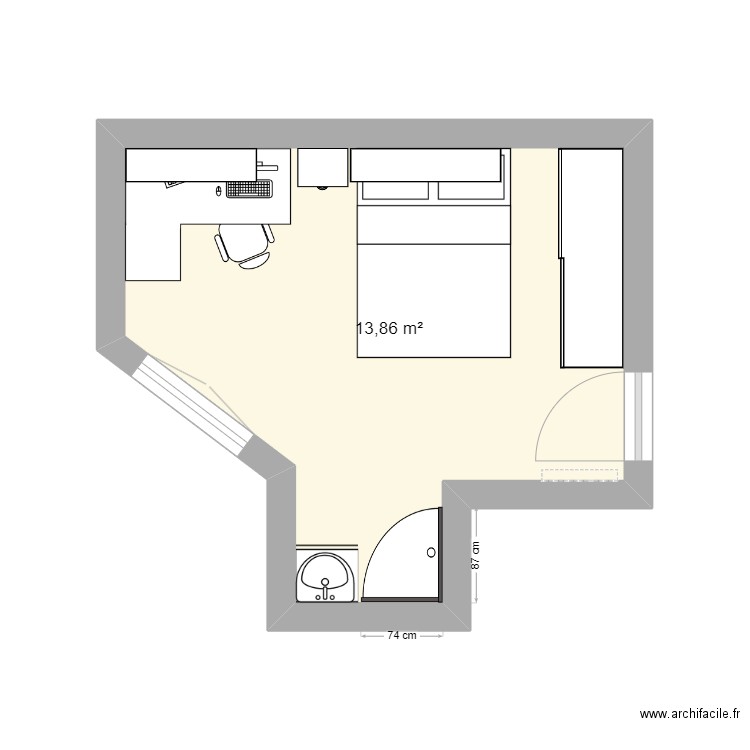 apart. Plan de 1 pièce et 14 m2