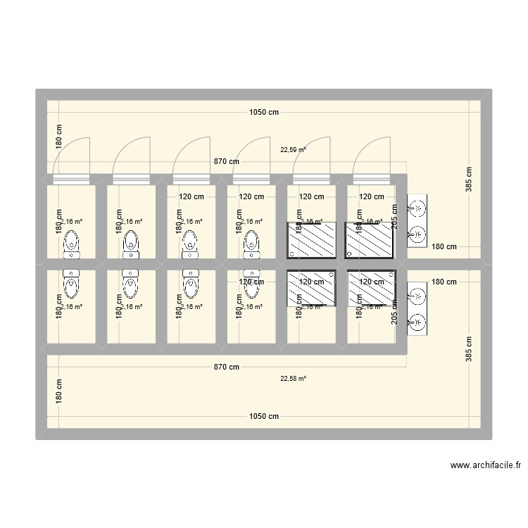 sanitaire. Plan de 14 pièces et 71 m2