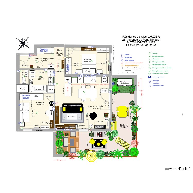 T3 C3404 _ Résidence Le Clos Lauzier 4 (cuisine 2,4m choix 3). Plan de 8 pièces et 91 m2