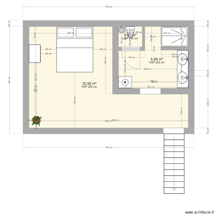 mezzanine. Plan de 3 pièces et 29 m2