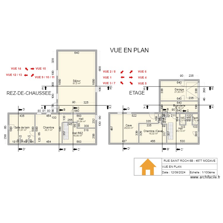 V.RADOUX - VUE EN PLAN - 1/100 - ARCHI. Plan de 12 pièces et 245 m2