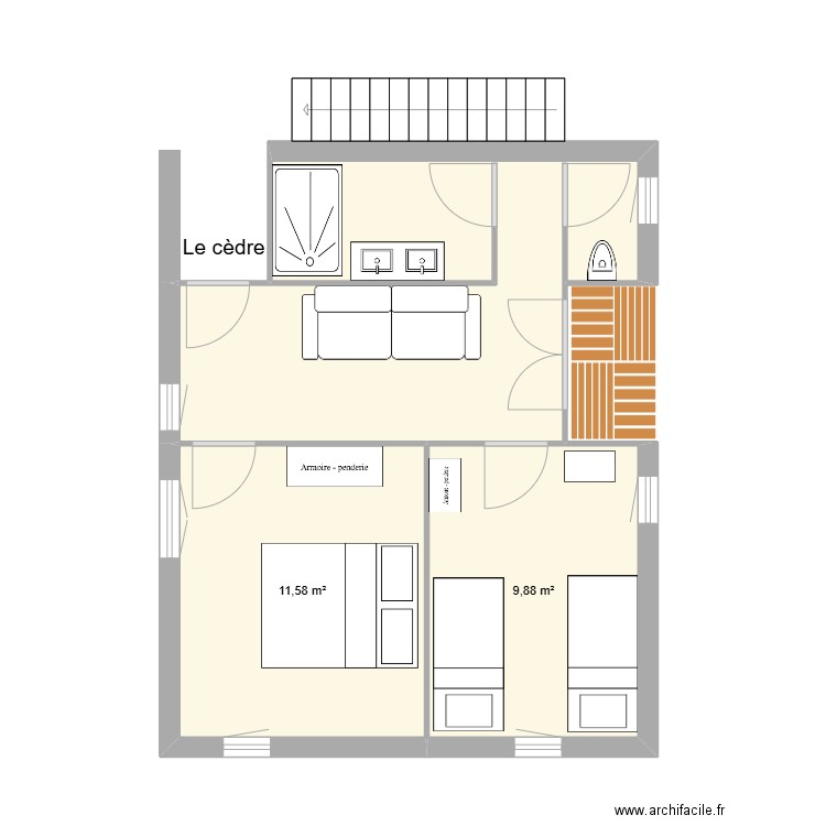 le cèdre. Plan de 3 pièces et 38 m2