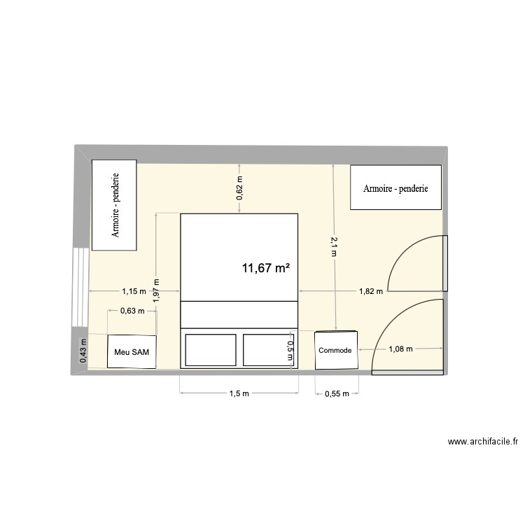 Chambre chris deuxième projection. Plan de 1 pièce et 12 m2