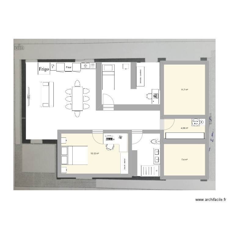 a2 sans casser murs. Plan de 4 pièces et 39 m2