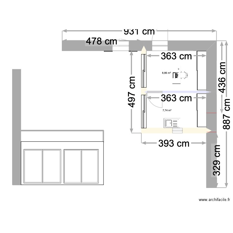 AGRANDISSEMENT BUREAU LINGERIE 1. Plan de 2 pièces et 17 m2