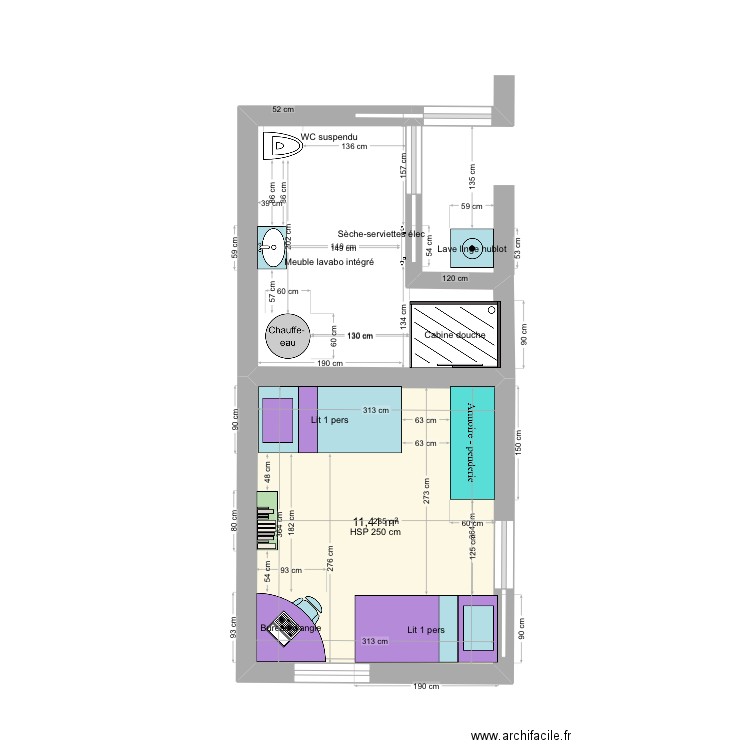 Chambre enfants. Plan de 1 pièce et 11 m2