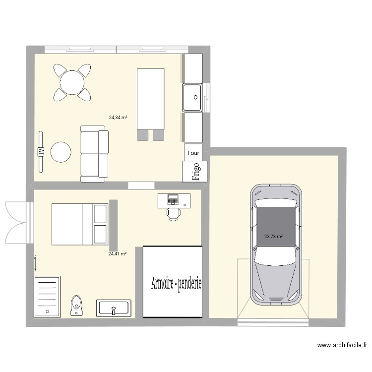 Container. Plan de 3 pièces et 73 m2