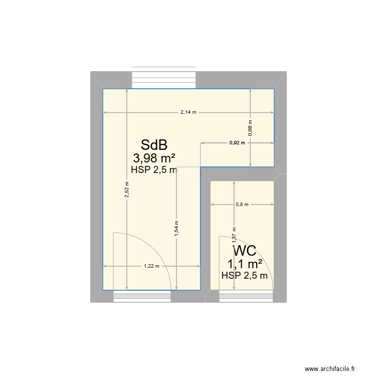 Cuisine-SdB-WC. Plan de 2 pièces et 5 m2