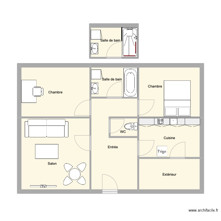 Maison et aménagement SDB. Plan de 9 pièces et 61 m2