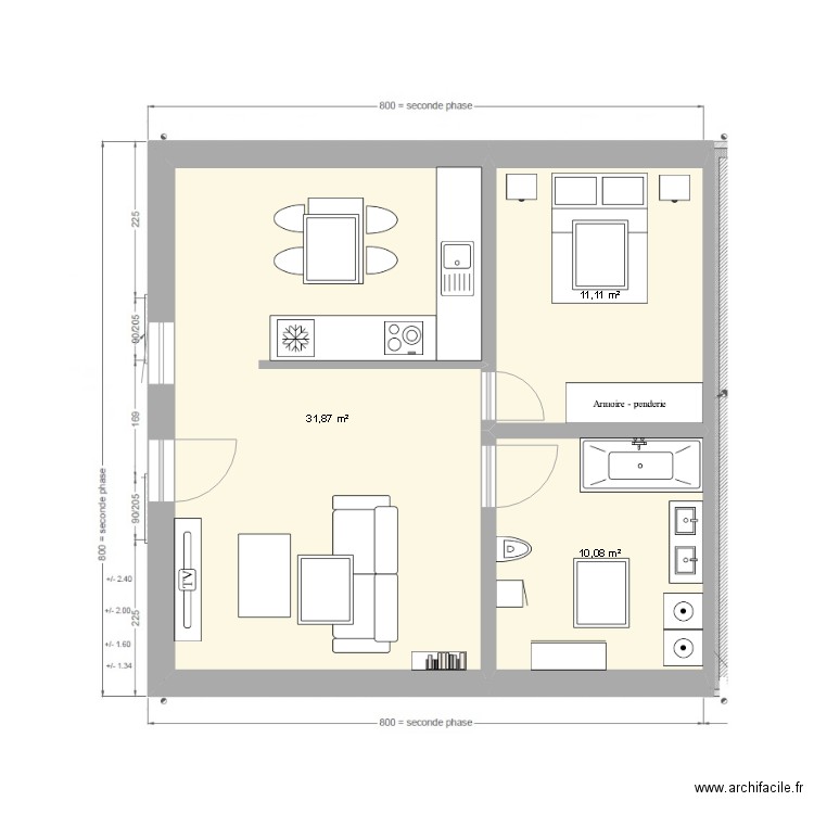 Apprt V3. Plan de 3 pièces et 53 m2