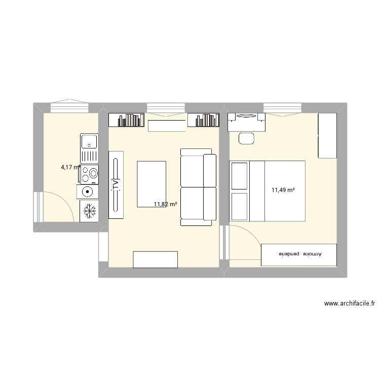 Appart 14 1. Plan de 3 pièces et 27 m2