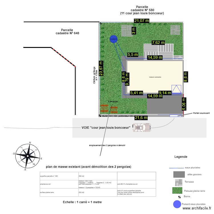 plan masse existant  (démolition pergolas). Plan de 1 pièce et 116 m2